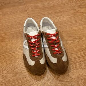 Veronica Beard Brown and White Sneakers with Red Laces